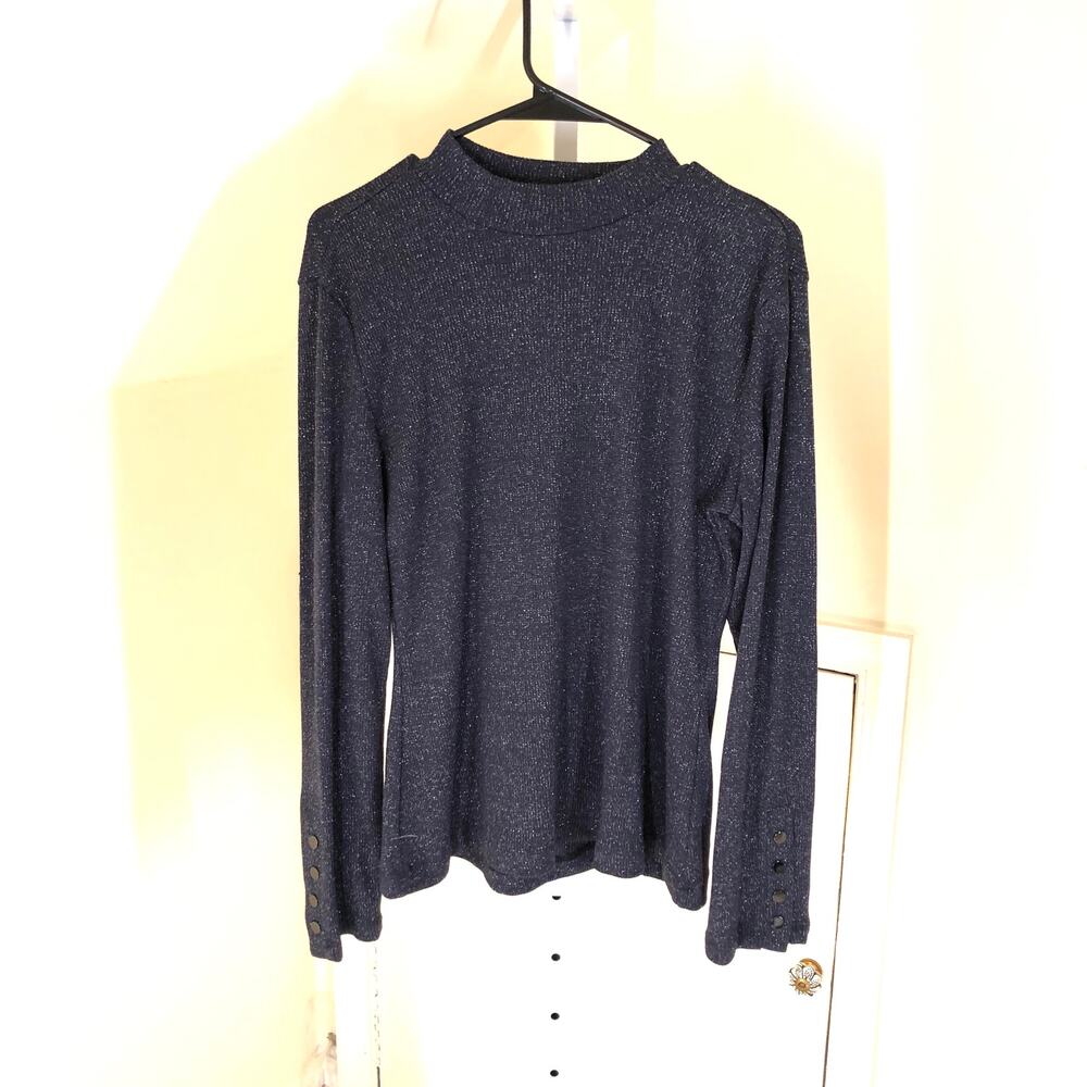 Violets & Roses NWT Women's Blue Metallic Threaded Mock Neck Top Night Sky L